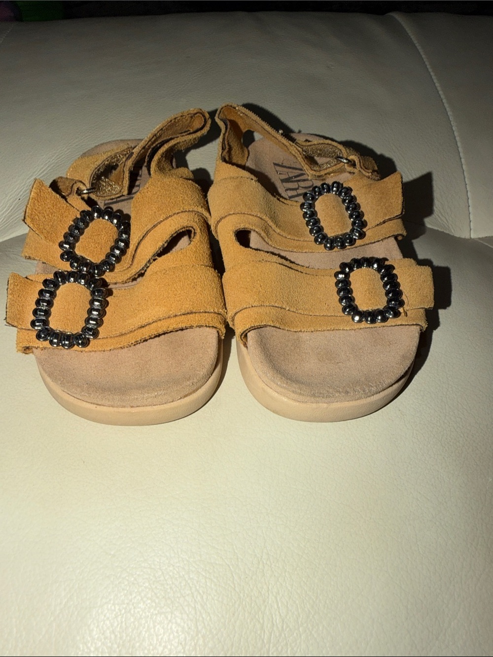 Zara Mustard Tan Suede Beaded Buckle Kids Sandals